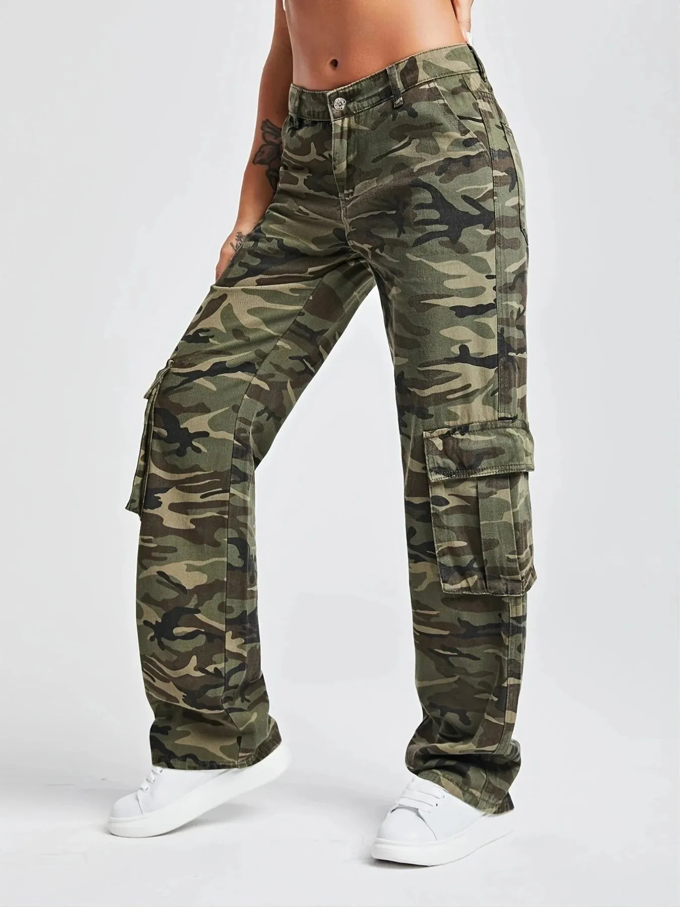 Amy Fashion - 2024 Camouflage Women's Cargo High Wist Vintage Baggy Denim Straight Casual Fashion Jean