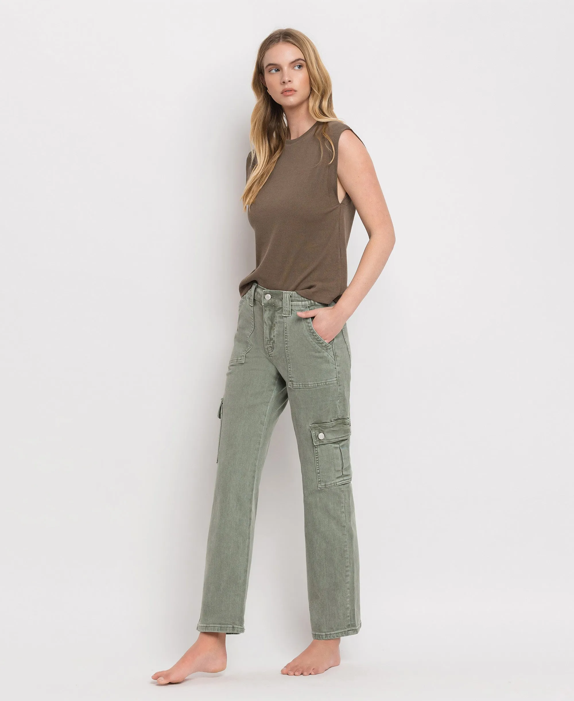 Army Green - High Rise Cargo Straight Jeans