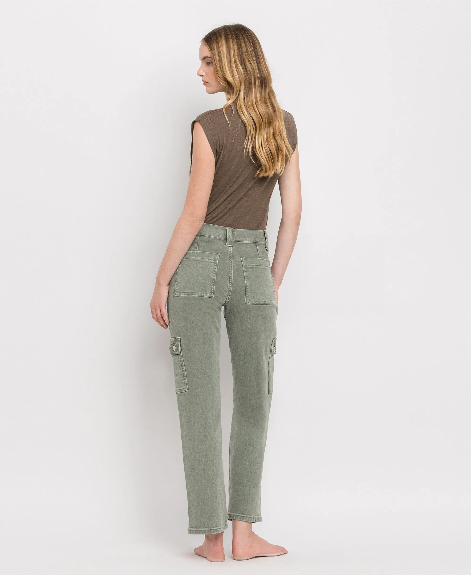 Army Green - High Rise Cargo Straight Jeans