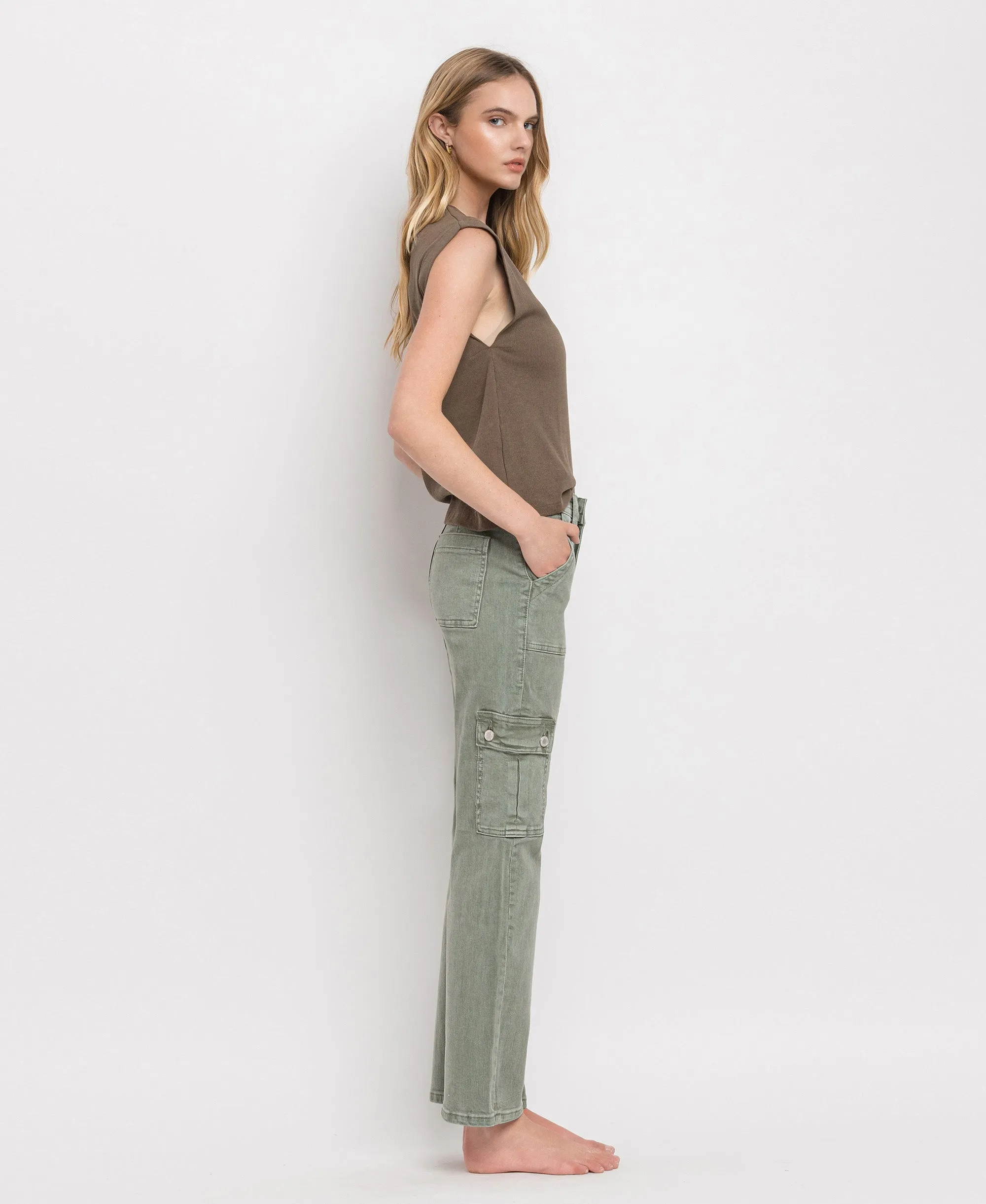 Army Green - High Rise Cargo Straight Jeans