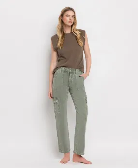 Army Green - High Rise Cargo Straight Jeans