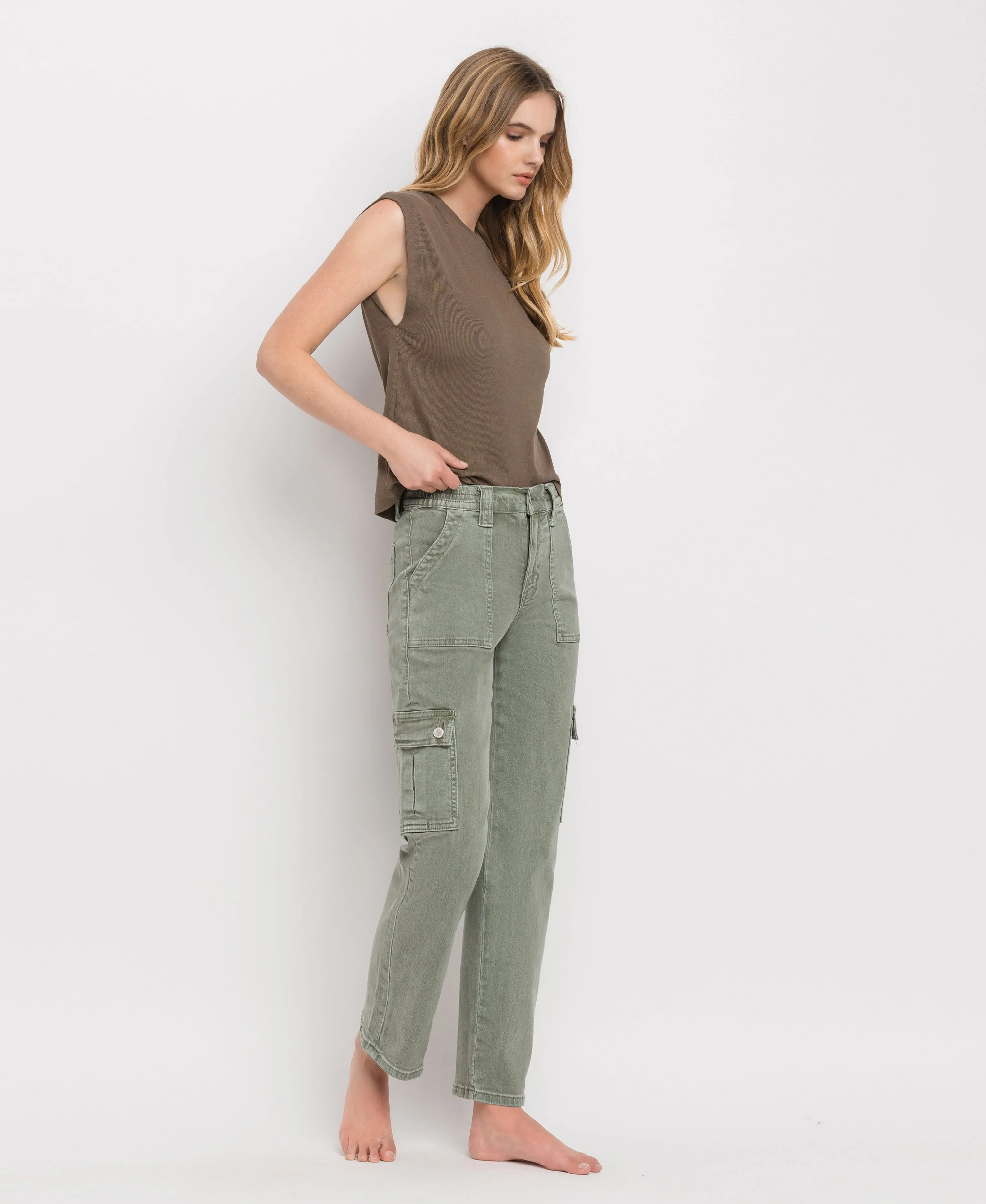 Army Green - High Rise Cargo Straight Jeans