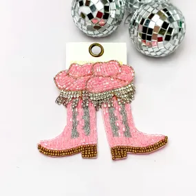 Beaded Cowboy Hat and Boot Earrings with Clear Crystal Fringe in Pink