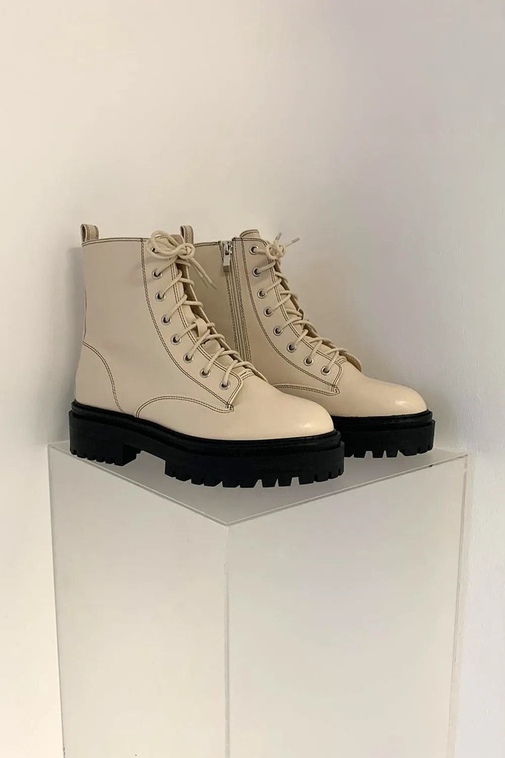 Beige Lace Up Chunky Sole Ankle Biker Boot