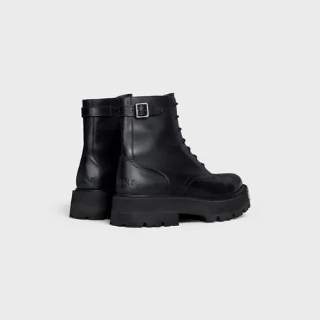 Celine Bulky Lace-Up Boot With Studded Outsole In Shiny Bull Black