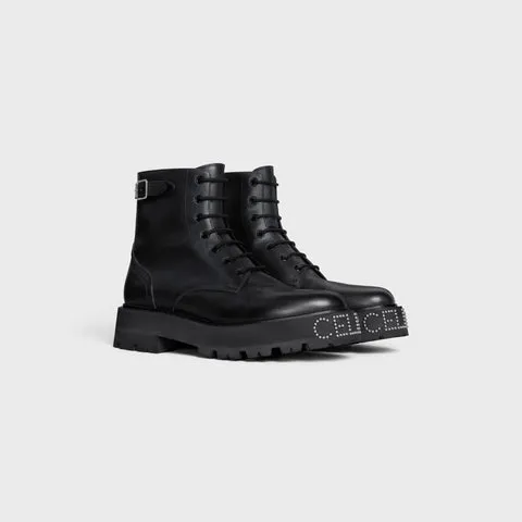 Celine Bulky Lace-Up Boot With Studded Outsole In Shiny Bull Black