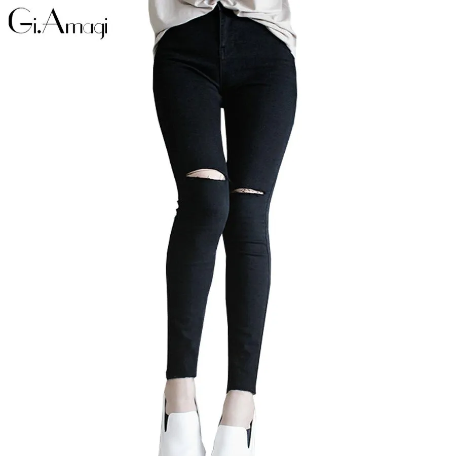 High Waist Skinny Fashion Boyfriend Jeans for Women Hole Vintage Girls Slim Ripped Denim Pencil Pants