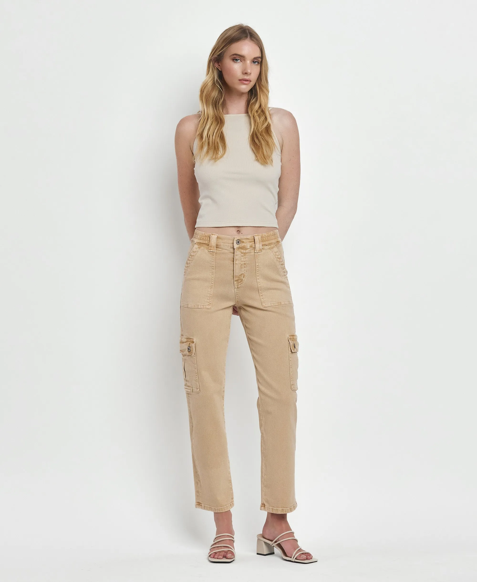 Khaki- High Rise Cargo Straight Jeans