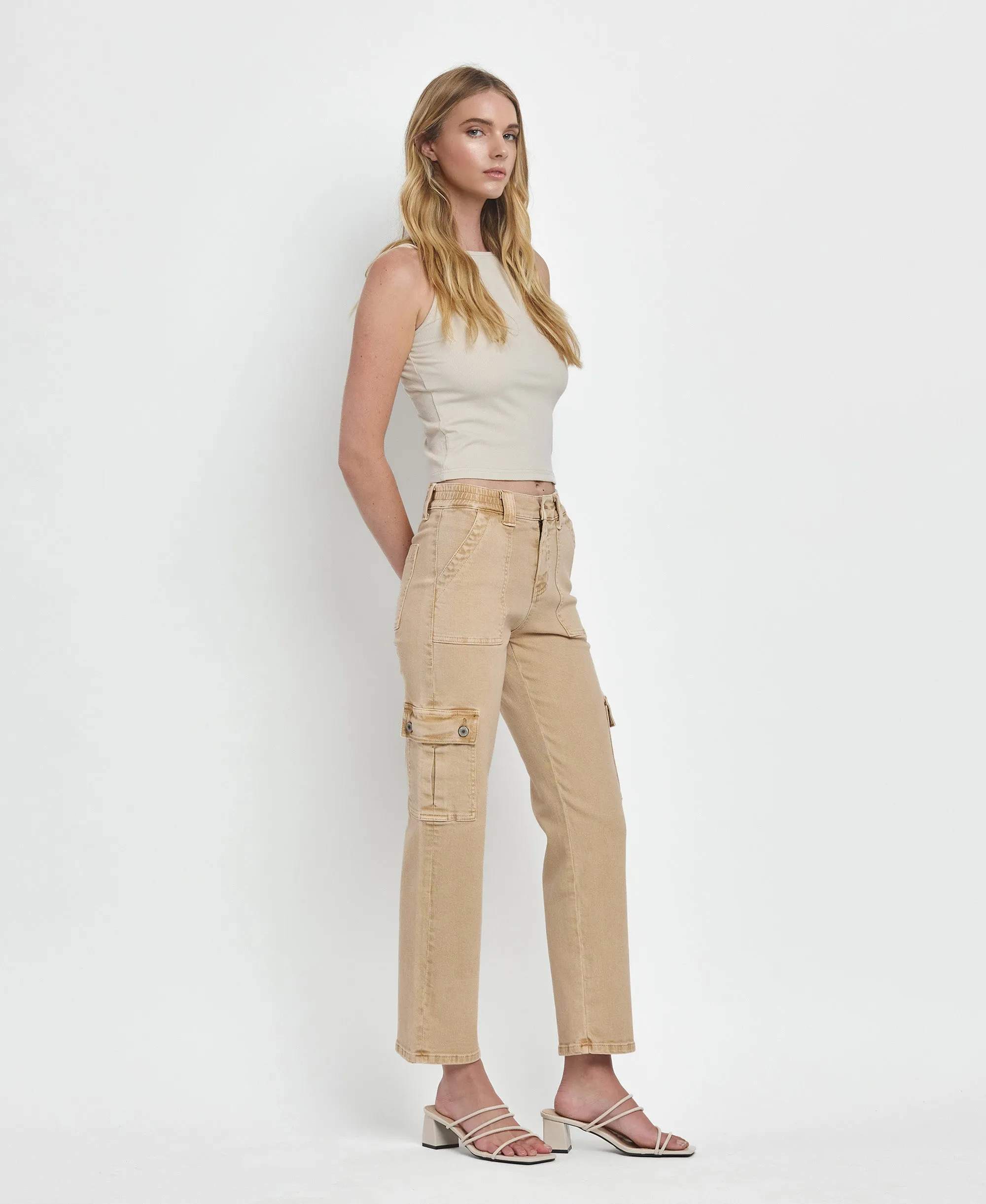 Khaki- High Rise Cargo Straight Jeans