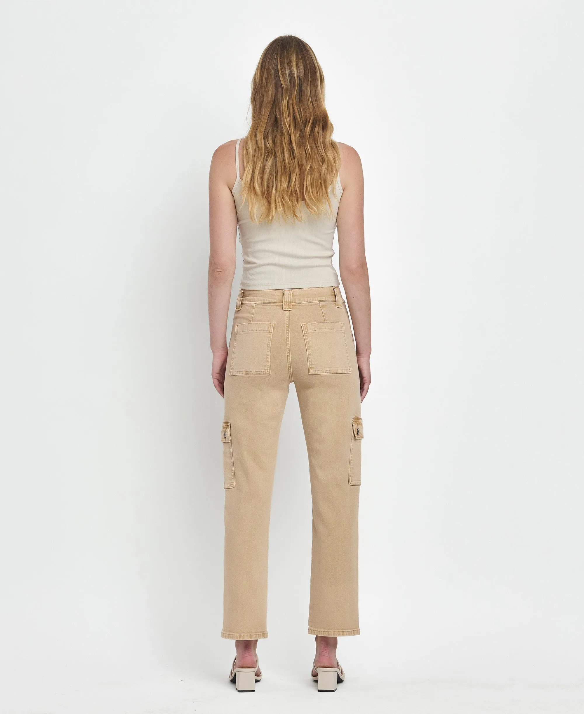 Khaki- High Rise Cargo Straight Jeans