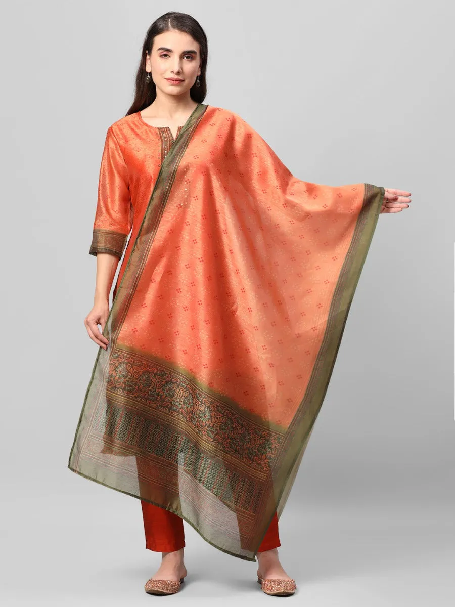 Orange Ornamental Printed Kurta Trouser Dupatta