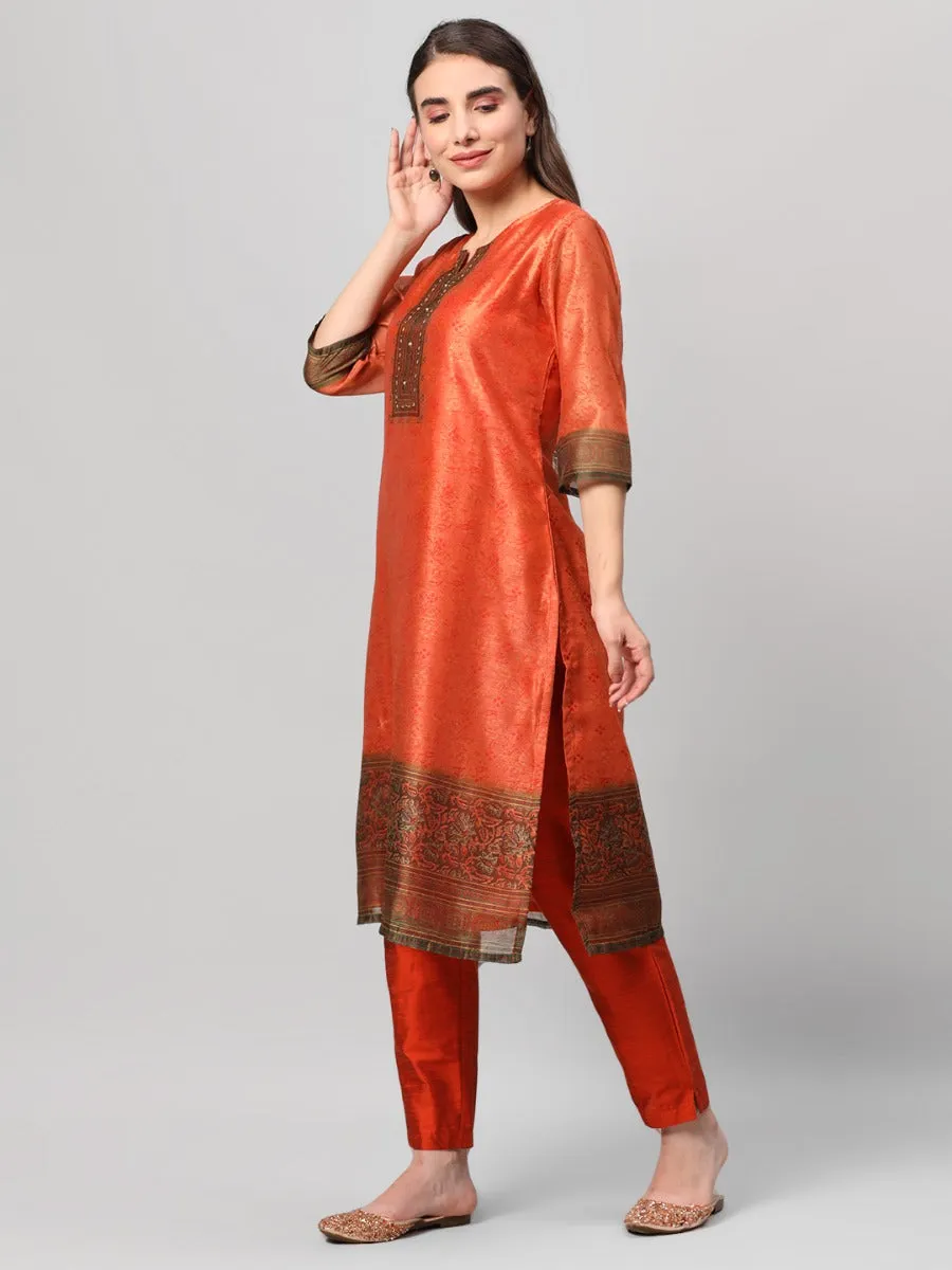 Orange Ornamental Printed Kurta Trouser Dupatta