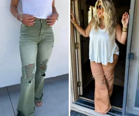 PREORDER: Blakeley Distressed Jeans In Olive and Camel