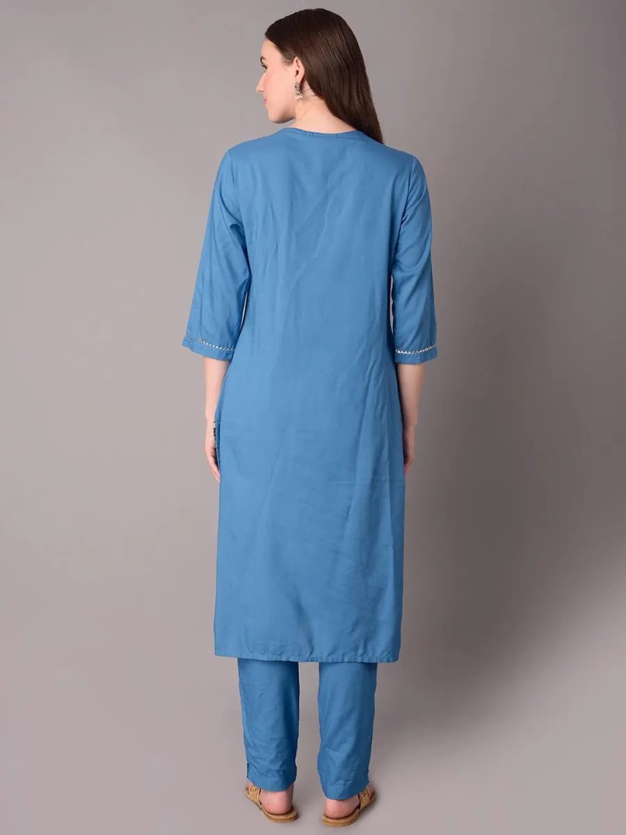 Solid Blue  Kurta Trouser Dupatta