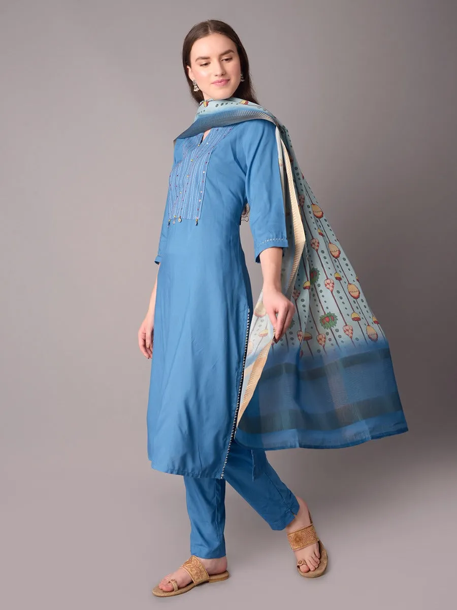 Solid Blue  Kurta Trouser Dupatta