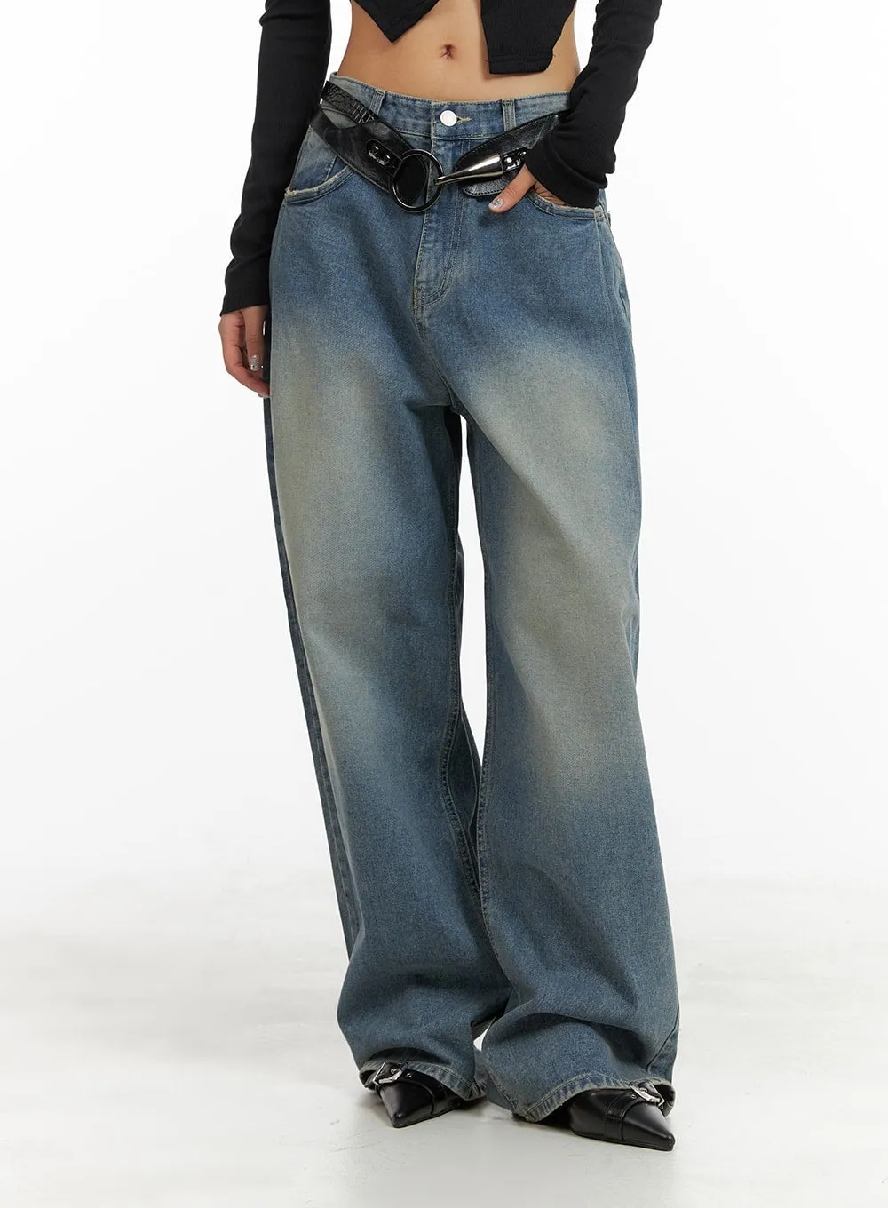 Washed Out Wide Fit Baggy Jeans CA416