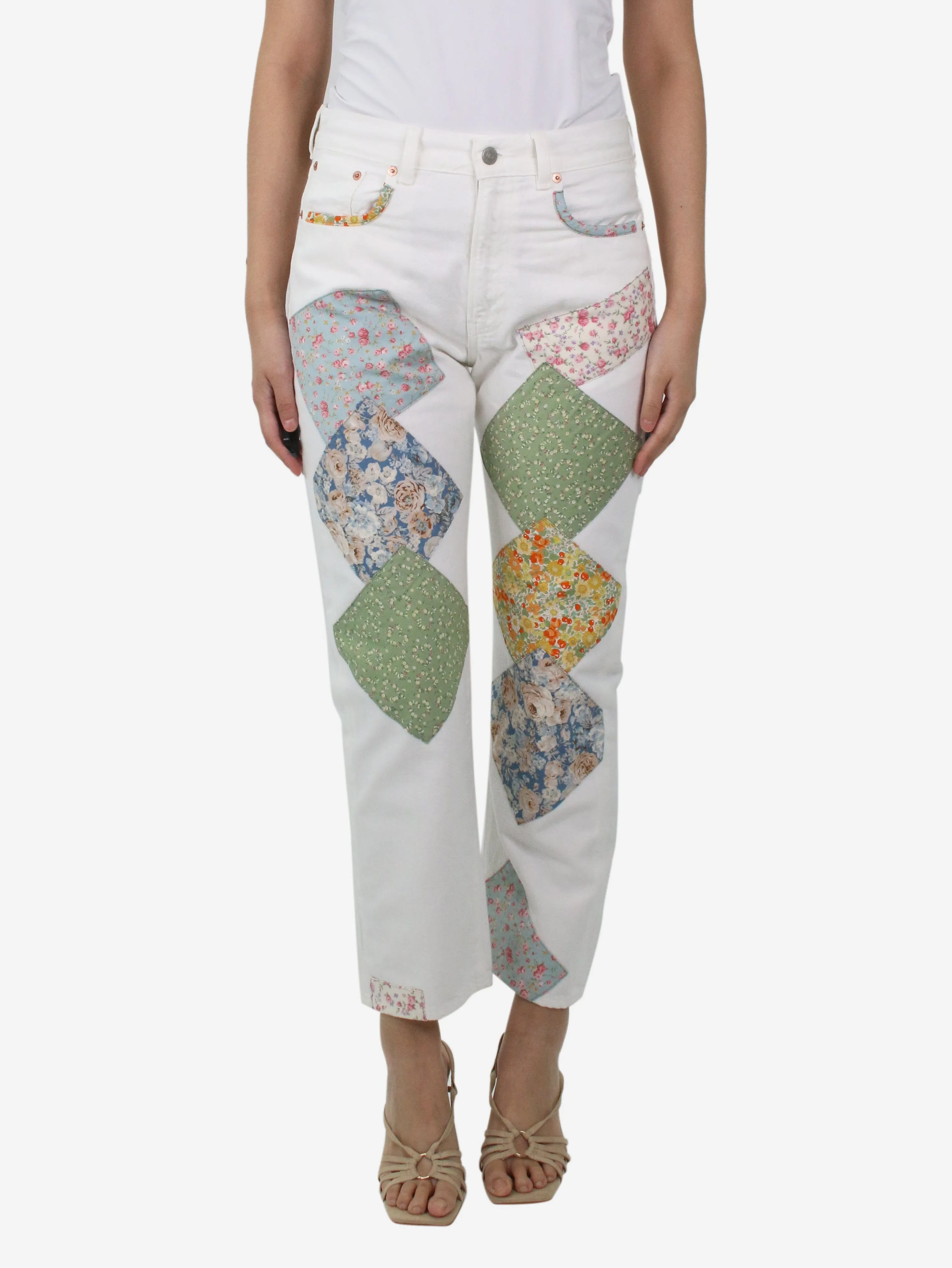 White floral patchwork boyfriend jeans - size UK 6