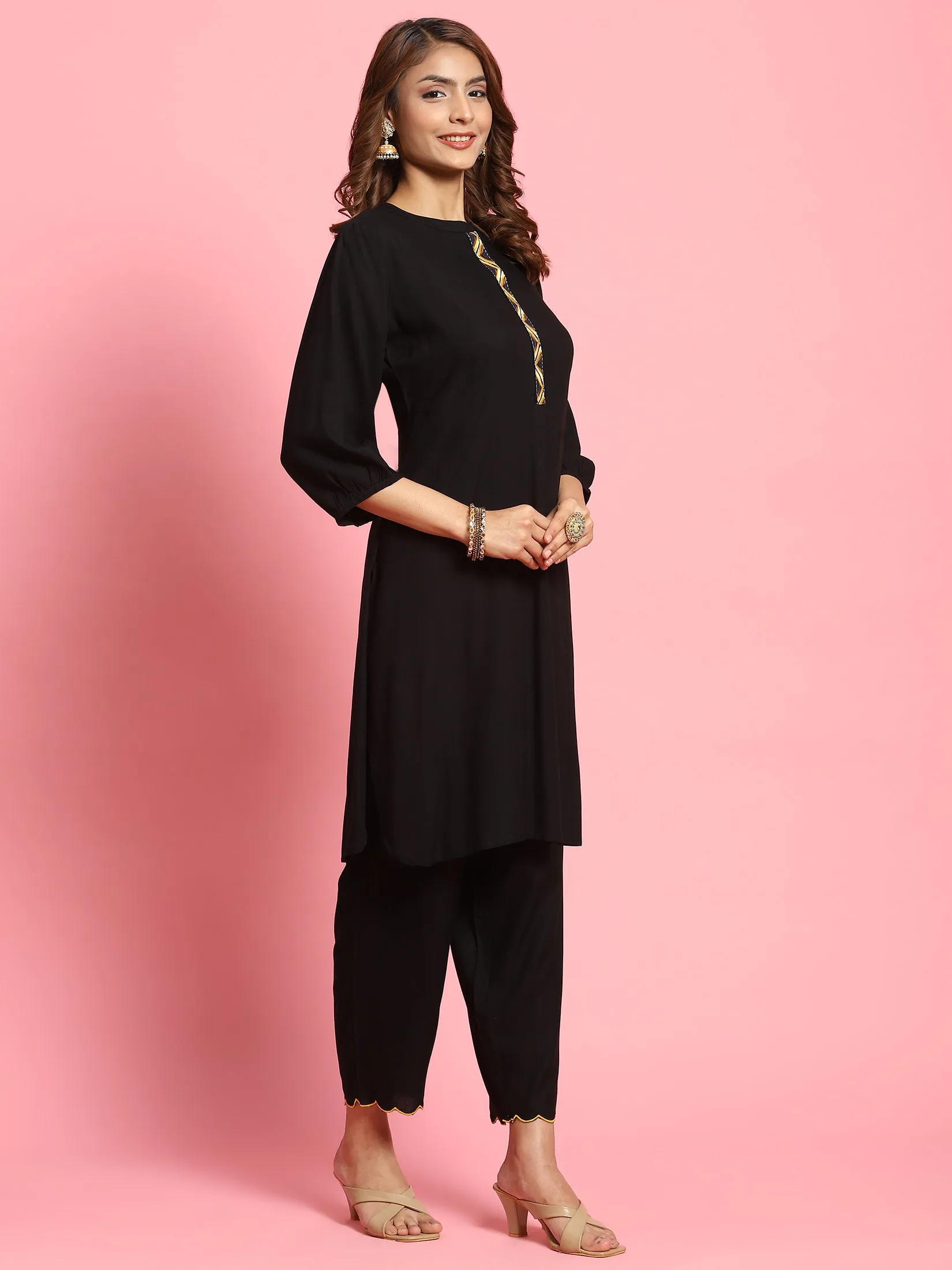 Women Black Solid Kurta Trouser Dupatta