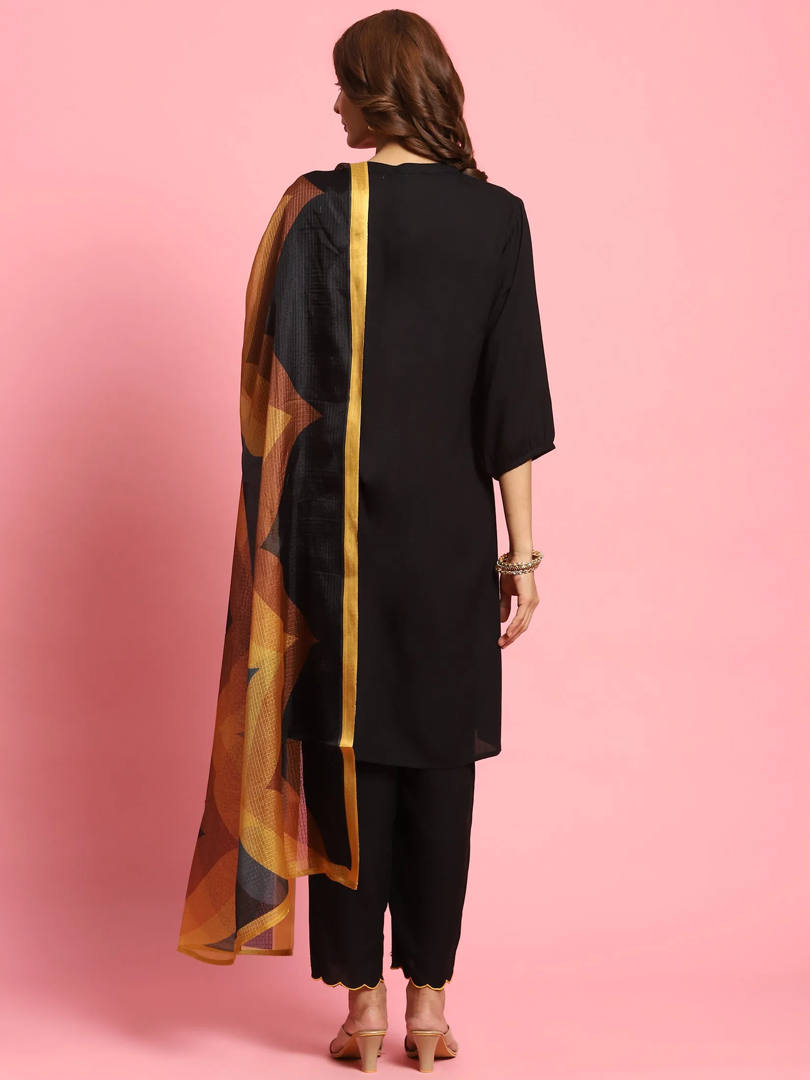 Women Black Solid Kurta Trouser Dupatta